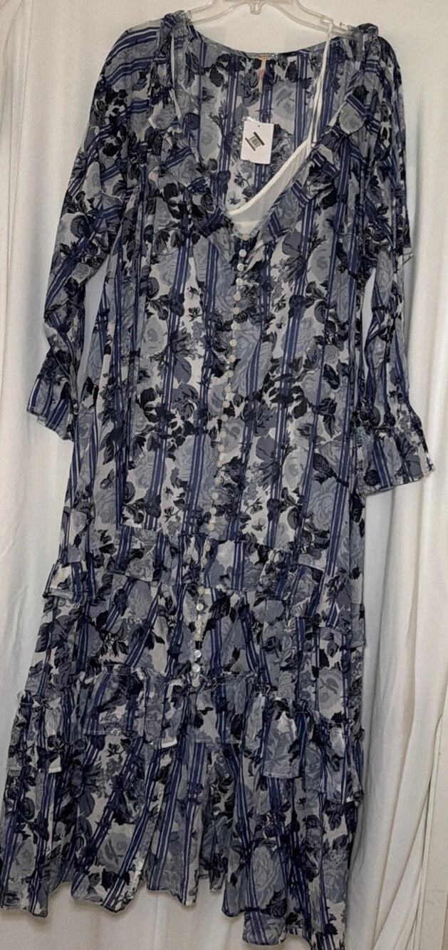 Free People Dainty Ruffle Cottage Garden Wonders Maxi Dress Blue Combo Large NWT